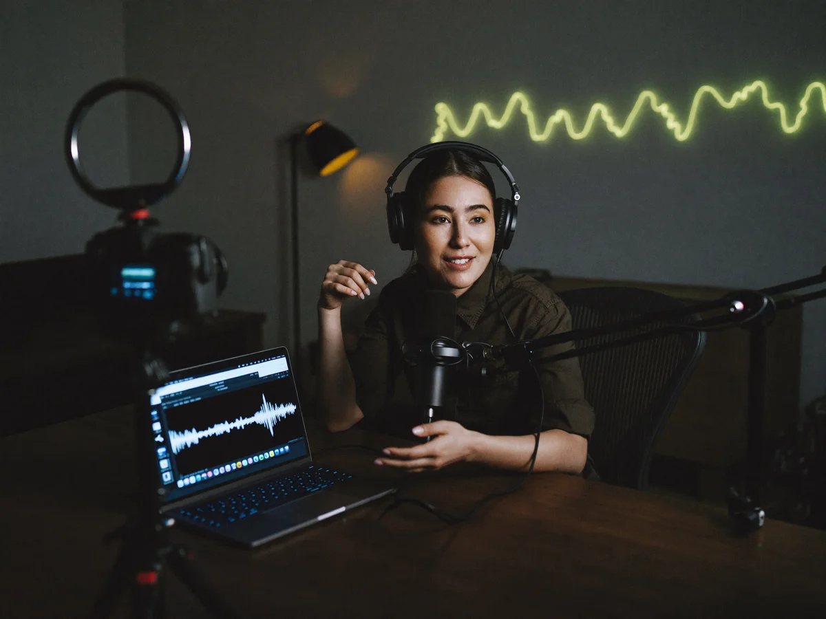A creator recording a podcast episode at a desk, speaking into a broadcast microphone with a camera set up beside her.